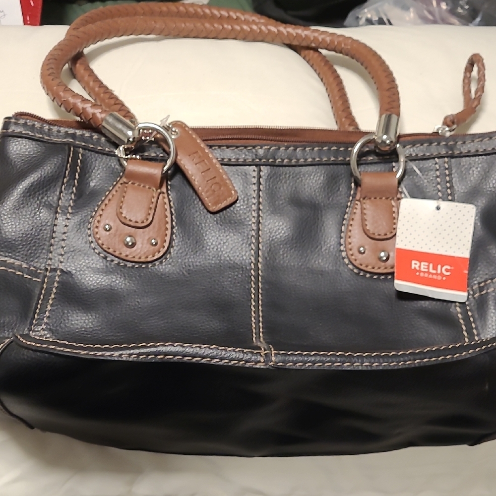 Relic Black Shoulder Tote with Brown Braided Handles